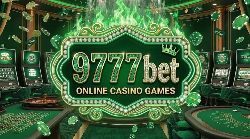 A triumphant player amid raining bullion and a glowing fortune wheel — representing the prestige of 9777bet.